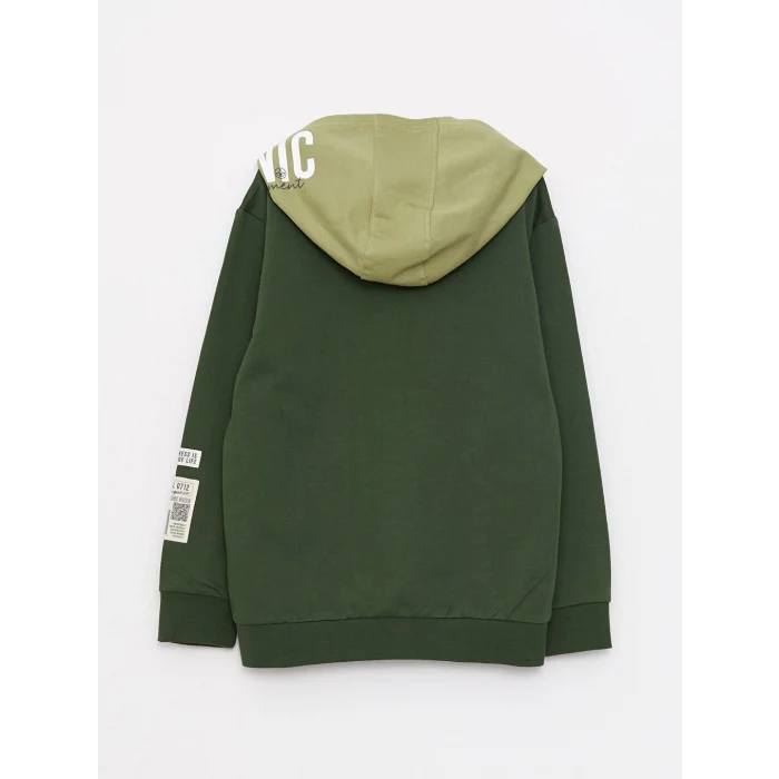 LCW Kids Yeşil Kapüşonlu Baskılı Uzun Kollu Erkek Çocuk Sweatshirt