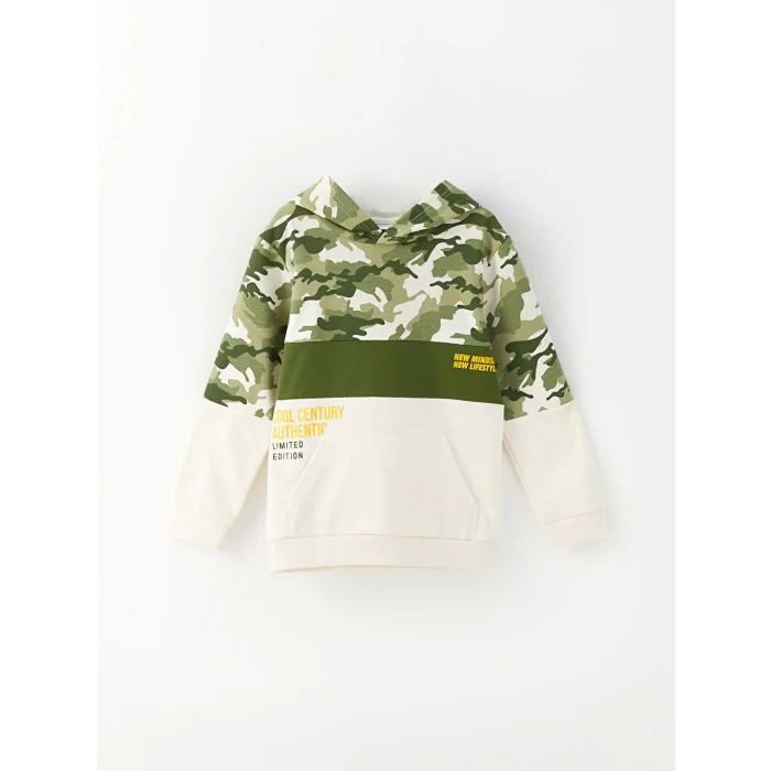 LCW Kids Yeşil Kapüşonlu Baskılı Uzun Kollu Erkek Çocuk Sweatshirt