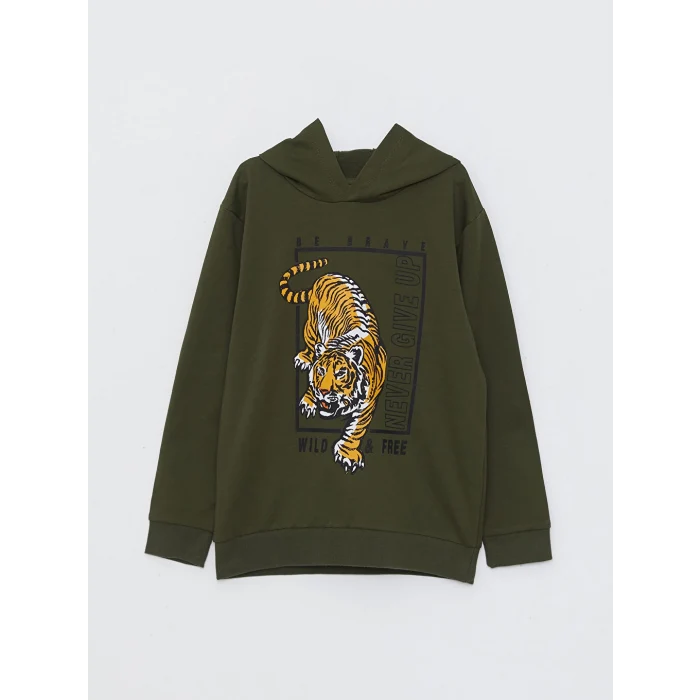 LCW Kids Yeşil Kapüşonlu Baskılı Uzun Kollu Erkek Çocuk Sweatshirt ve Eşofman Altı