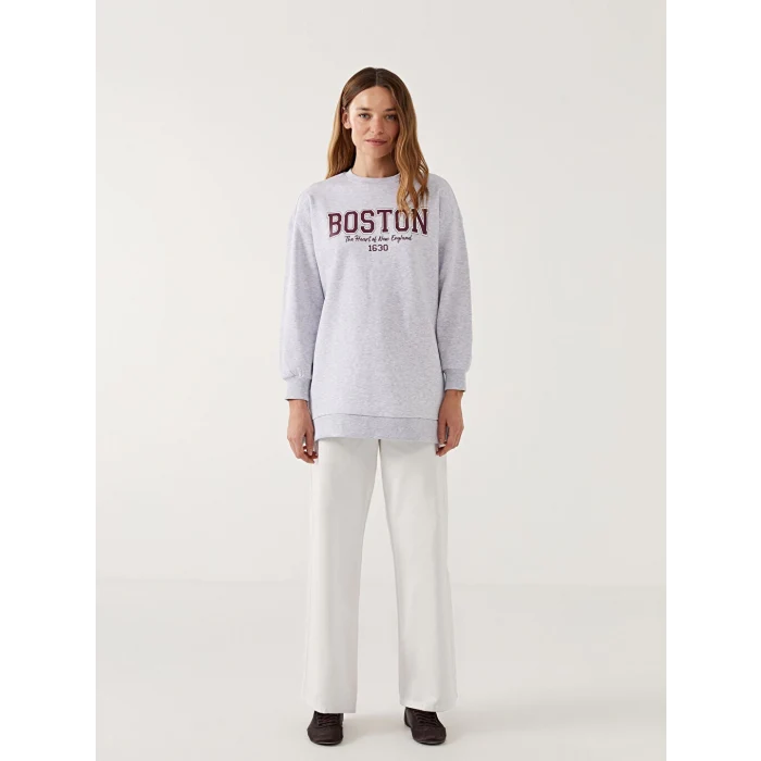 LCW Modest Antrasit Bisiklet Yaka Boston Baskılı Kadın Kalın Sweatshirt Tunik