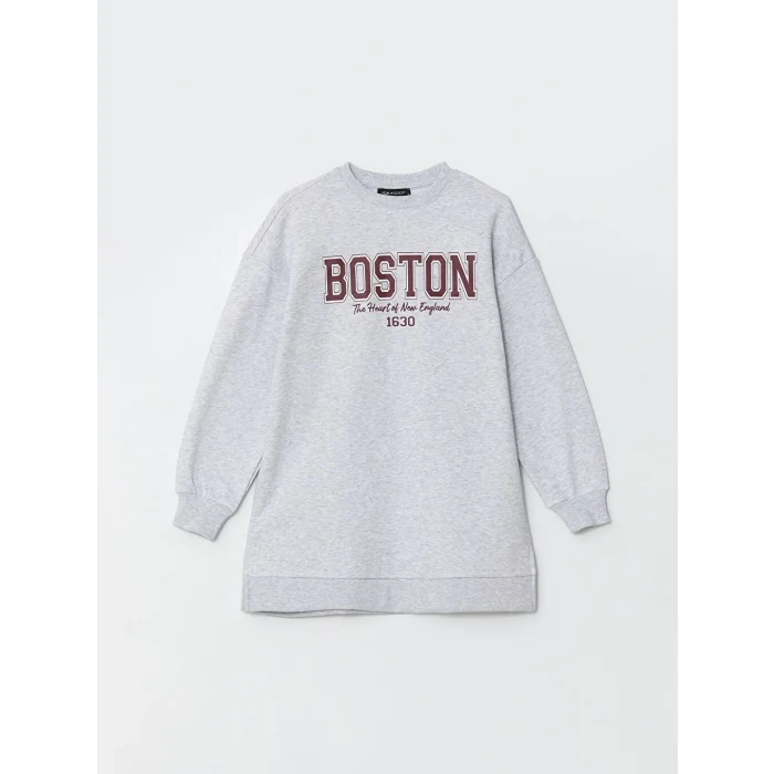 LCW Modest Antrasit Bisiklet Yaka Boston Baskılı Kadın Kalın Sweatshirt Tunik
