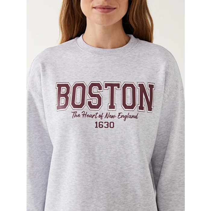 LCW Modest Antrasit Bisiklet Yaka Boston Baskılı Kadın Kalın Sweatshirt Tunik