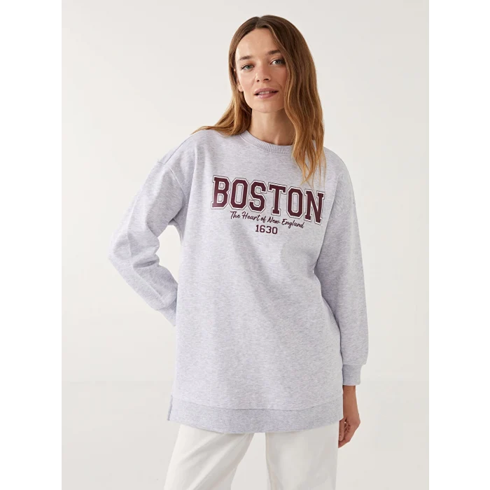 LCW Modest Antrasit Bisiklet Yaka Boston Baskılı Kadın Kalın Sweatshirt Tunik