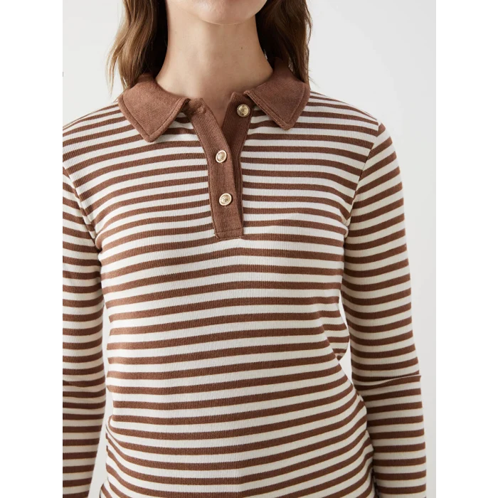 LCW Modest Bej Polo Yaka Çizgili Kadın Body