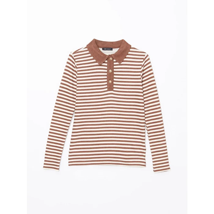 LCW Modest Bej Polo Yaka Çizgili Kadın Body