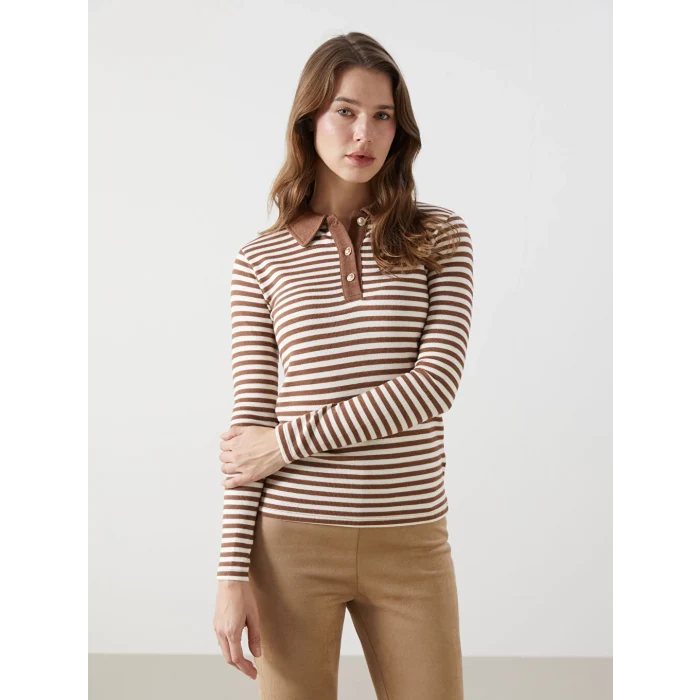 LCW Modest Bej Polo Yaka Çizgili Kadın Body