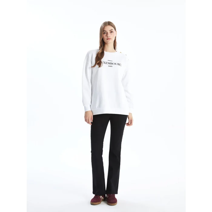 LCW Modest Beyaz Bisiklet Yaka Baskılı Kadın Kalın Sweatshirt Tunik