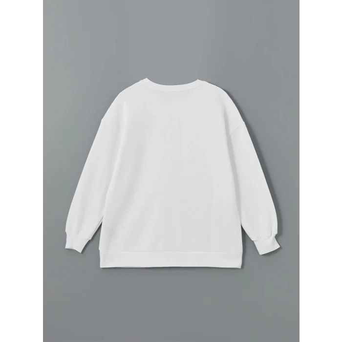 LCW Modest Beyaz Bisiklet Yaka Baskılı Kadın Kalın Sweatshirt Tunik