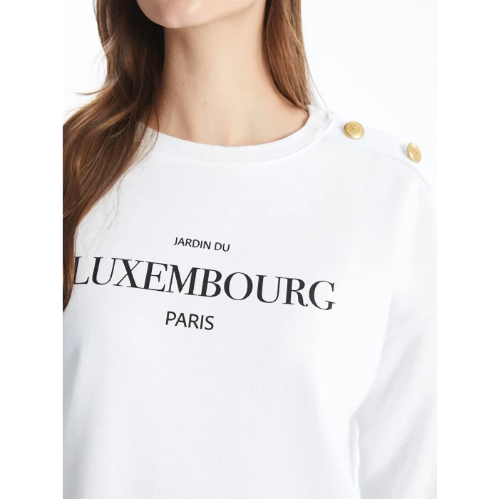 LCW Modest Beyaz Bisiklet Yaka Baskılı Kadın Kalın Sweatshirt Tunik