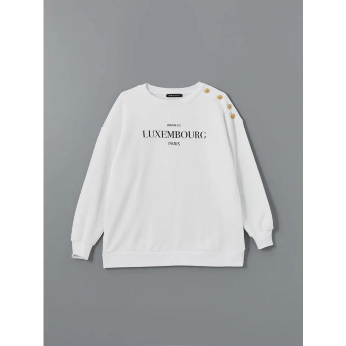 LCW Modest Beyaz Bisiklet Yaka Baskılı Kadın Kalın Sweatshirt Tunik