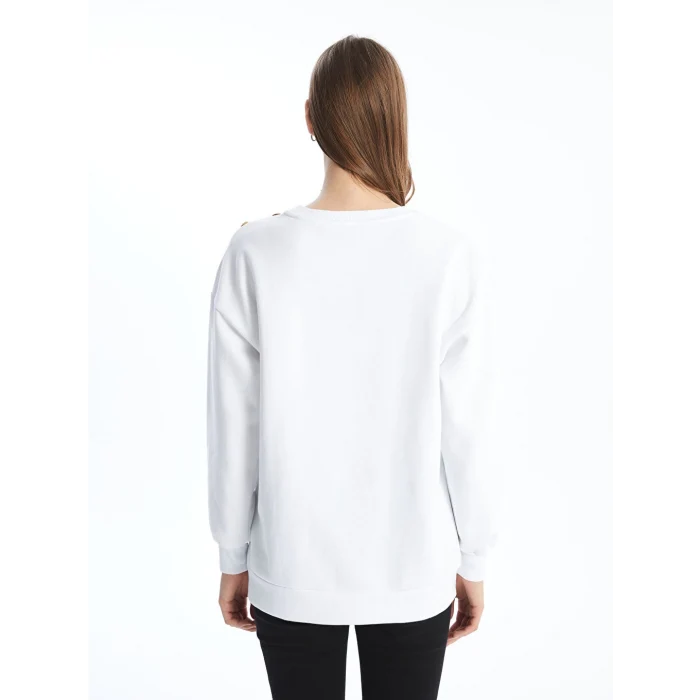 LCW Modest Beyaz Bisiklet Yaka Baskılı Kadın Kalın Sweatshirt Tunik