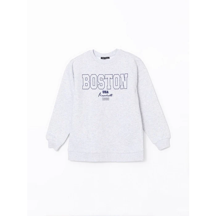 LCW Modest Beyaz Bisiklet Yaka Boston Baskılı Kadın Sweatshirt Tunik