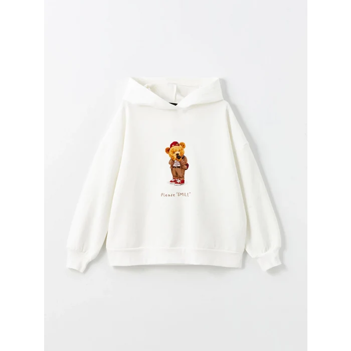 LCW Modest Beyaz Kapüşonlu Ayı Teddy Baskılı Oversize Kadın Kalın Sweatshirt Tunik