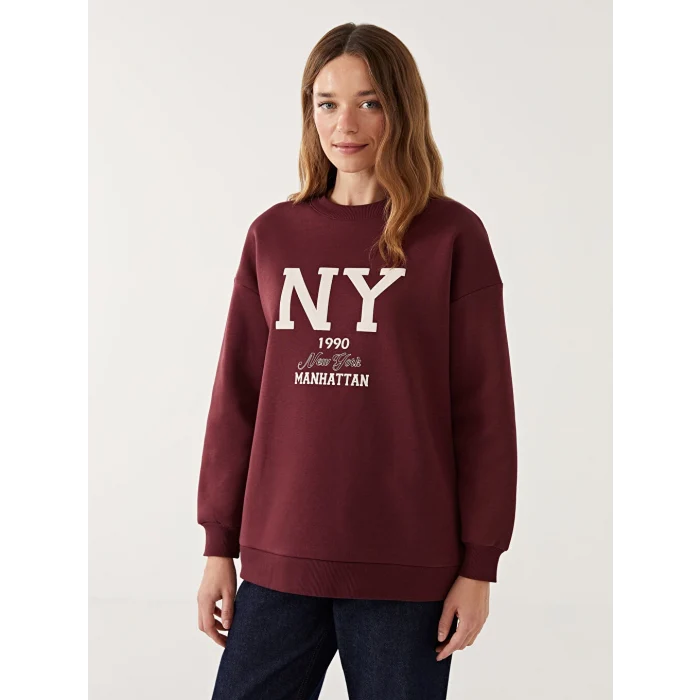 LCW Modest Bordo Bisiklet Yaka Baskılı Kadın Sweatshirt Tunik
