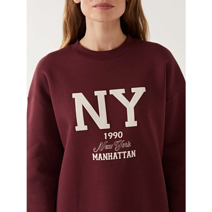 LCW Modest Bordo Bisiklet Yaka Baskılı Kadın Sweatshirt Tunik