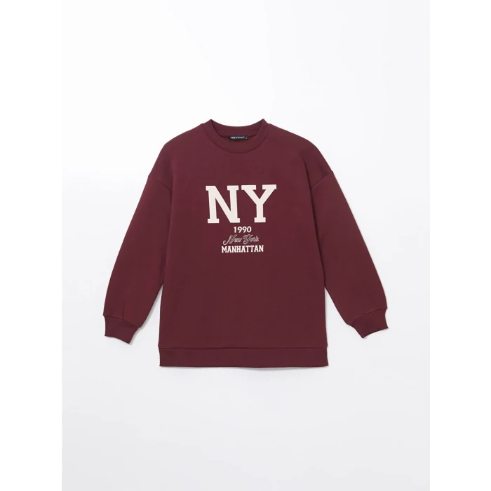 LCW Modest Bordo Bisiklet Yaka Baskılı Kadın Sweatshirt Tunik