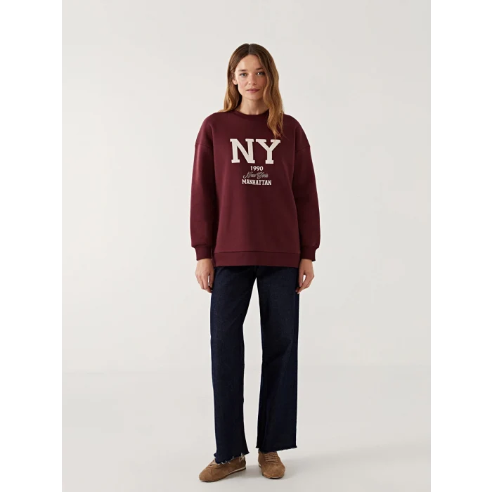 LCW Modest Bordo Bisiklet Yaka Baskılı Kadın Sweatshirt Tunik