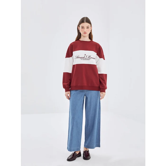 LCW Modest Bordo Bisiklet Yaka Nakışlı Kadın Sweatshirt Tunik