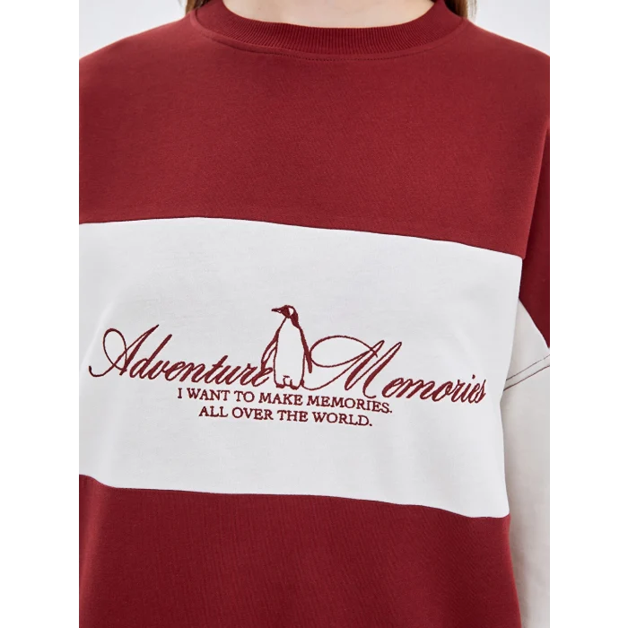 LCW Modest Bordo Bisiklet Yaka Nakışlı Kadın Sweatshirt Tunik