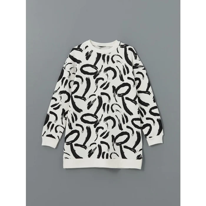 LCW Modest Ekru Bisiklet Yaka Desenli Kadın Sweatshirt Tunik
