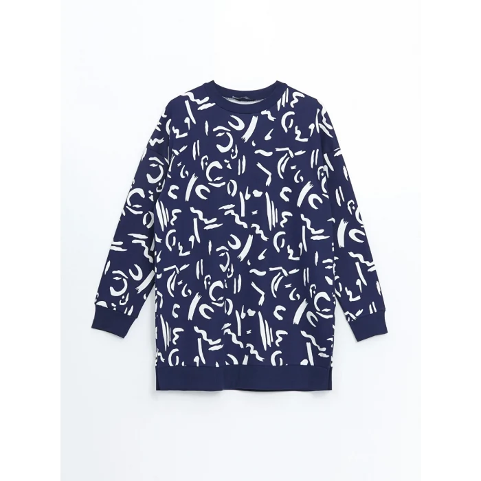 LCW Modest Ekru Bisiklet Yaka Desenli Kadın Sweatshirt Tunik