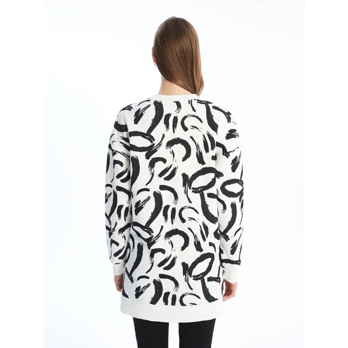 LCW Modest Ekru Bisiklet Yaka Desenli Kadın Sweatshirt Tunik