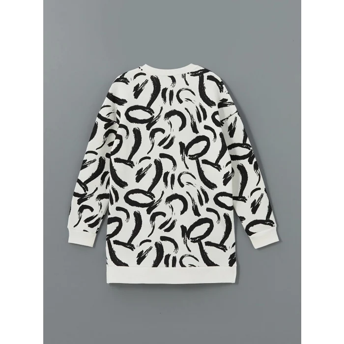 LCW Modest Ekru Bisiklet Yaka Desenli Kadın Sweatshirt Tunik