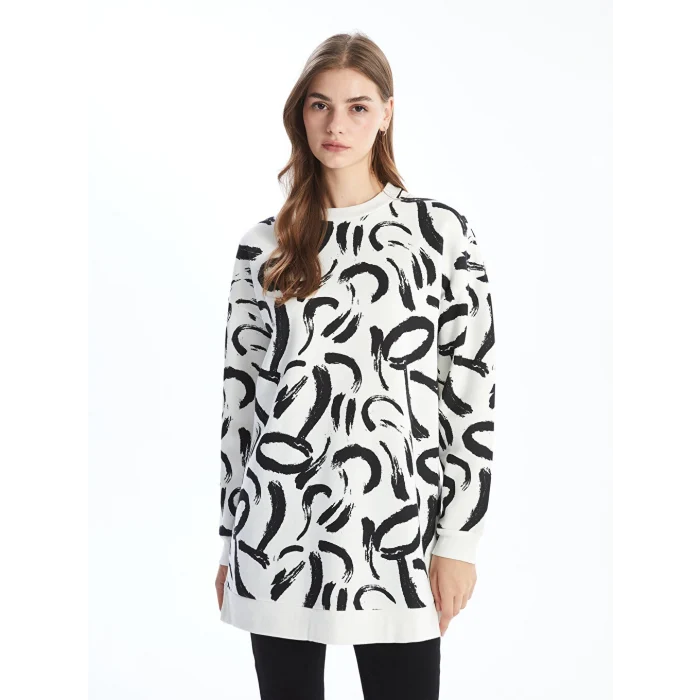 LCW Modest Ekru Bisiklet Yaka Desenli Kadın Sweatshirt Tunik