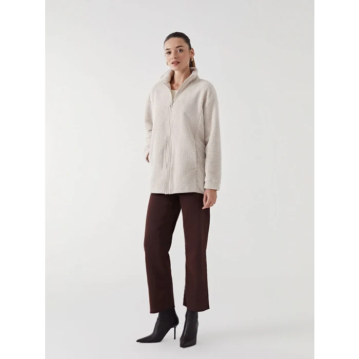 LCW Modest Ekru Dik Yaka Oversize Kadın Outdoor Polar