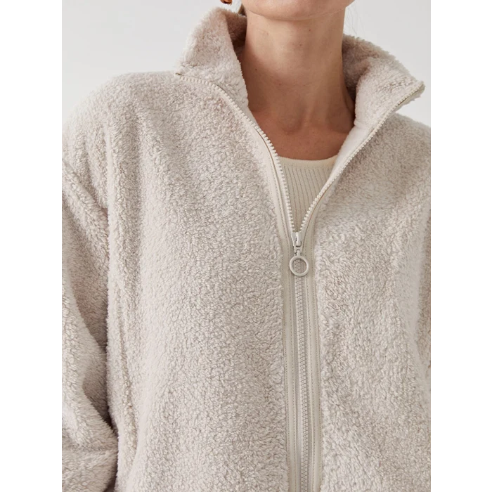 LCW Modest Ekru Dik Yaka Oversize Kadın Outdoor Polar