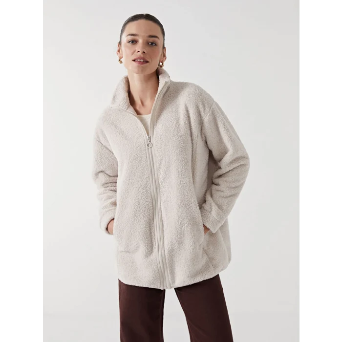 LCW Modest Ekru Dik Yaka Oversize Kadın Outdoor Polar