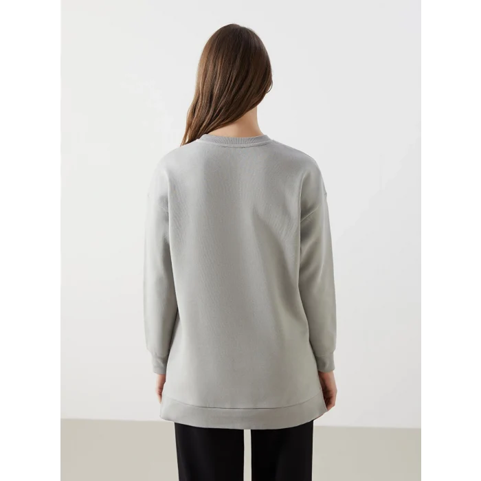 LCW Modest Gri Bisiklet Yaka Baskılı Kadın Sweatshirt Tunik