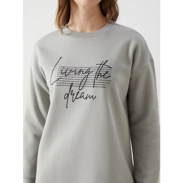 LCW Modest Gri Bisiklet Yaka Baskılı Kadın Sweatshirt Tunik