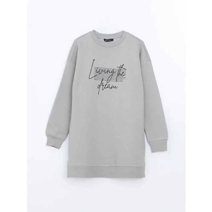 LCW Modest Gri Bisiklet Yaka Baskılı Kadın Sweatshirt Tunik