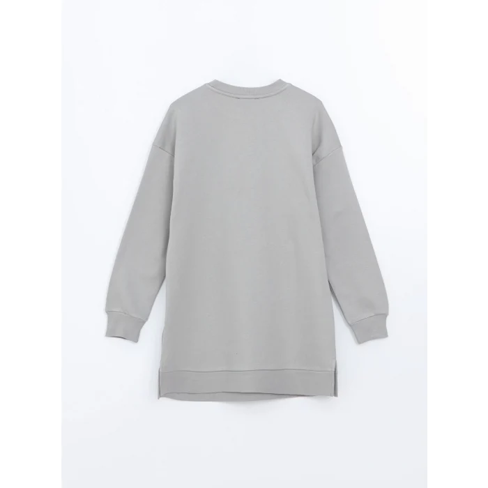 LCW Modest Gri Bisiklet Yaka Baskılı Kadın Sweatshirt Tunik