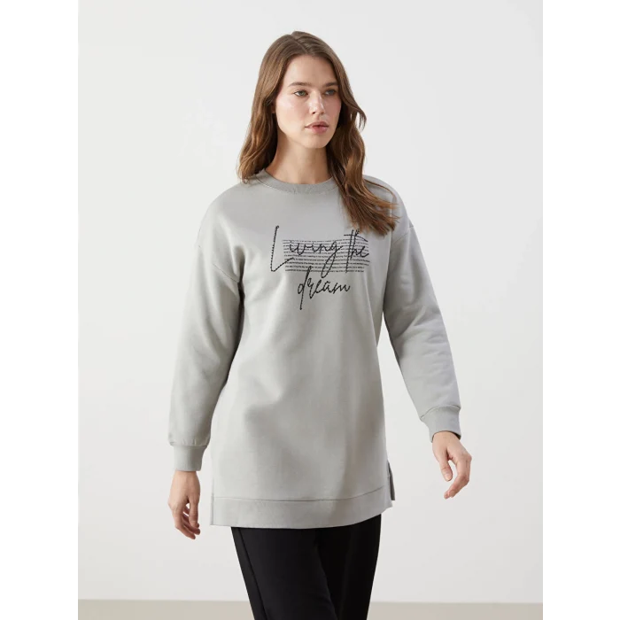 LCW Modest Gri Bisiklet Yaka Baskılı Kadın Sweatshirt Tunik