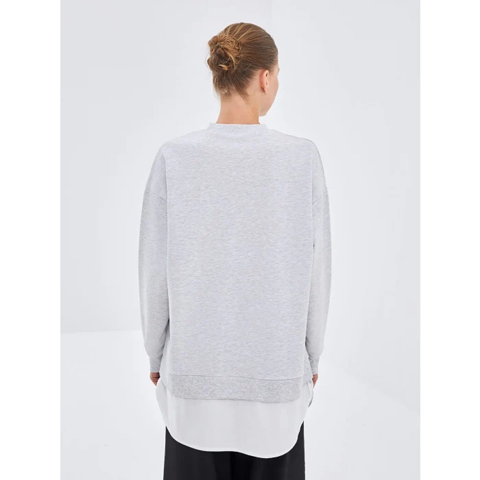 LCW Modest Gri Bisiklet Yaka Baskılı Oversize Kadın Sweatshirt Tunik