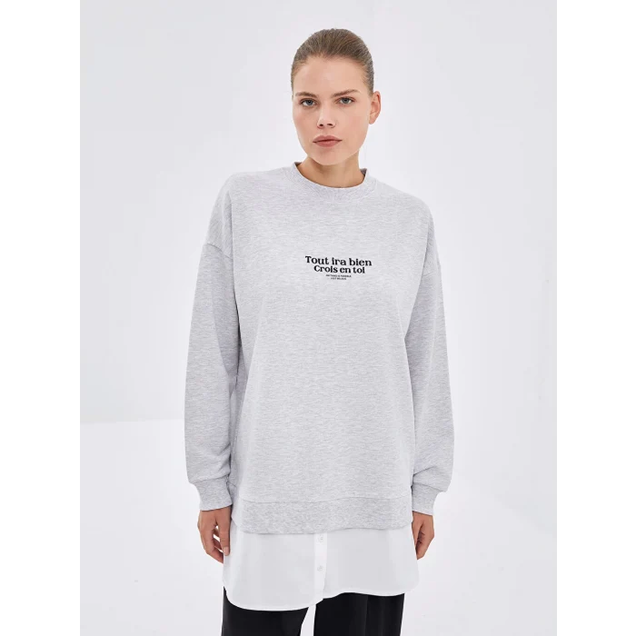 LCW Modest Gri Bisiklet Yaka Baskılı Oversize Kadın Sweatshirt Tunik
