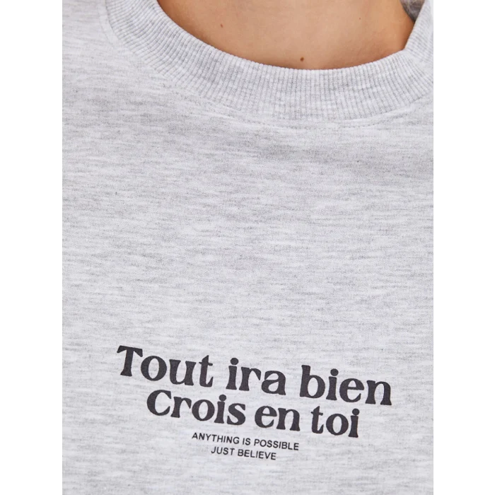 LCW Modest Gri Bisiklet Yaka Baskılı Oversize Kadın Sweatshirt Tunik