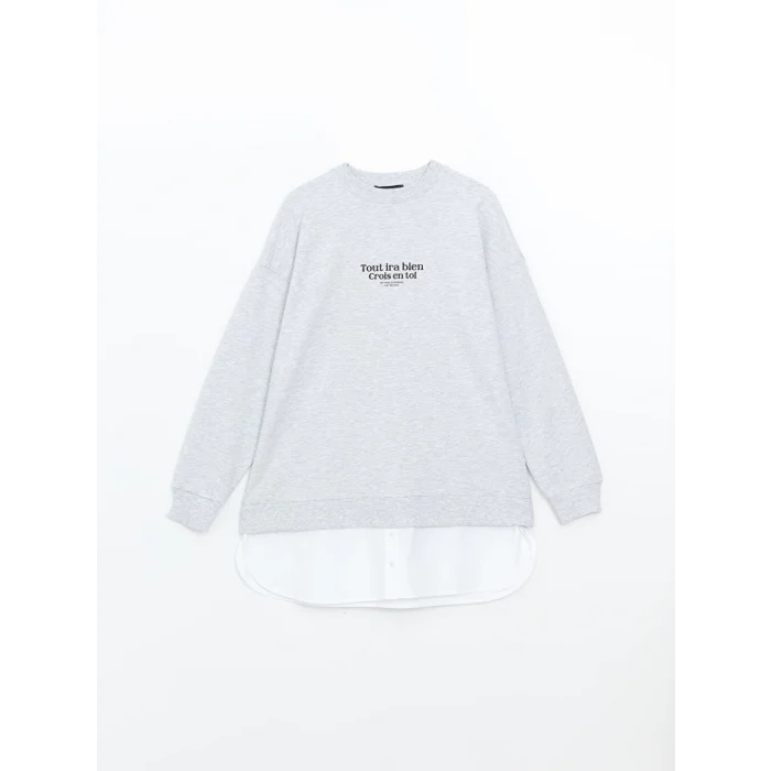 LCW Modest Gri Bisiklet Yaka Baskılı Oversize Kadın Sweatshirt Tunik