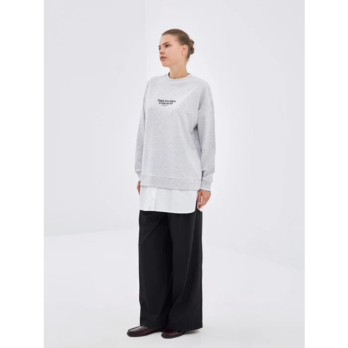 LCW Modest Gri Bisiklet Yaka Baskılı Oversize Kadın Sweatshirt Tunik