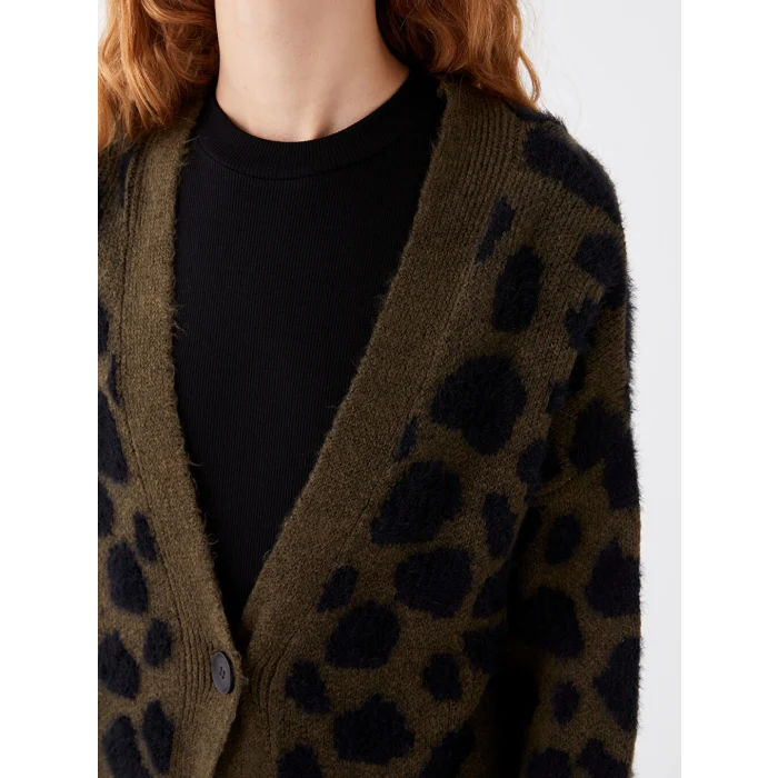 LCW Modest Haki V Yaka Desenli Kadın Triko Hırka