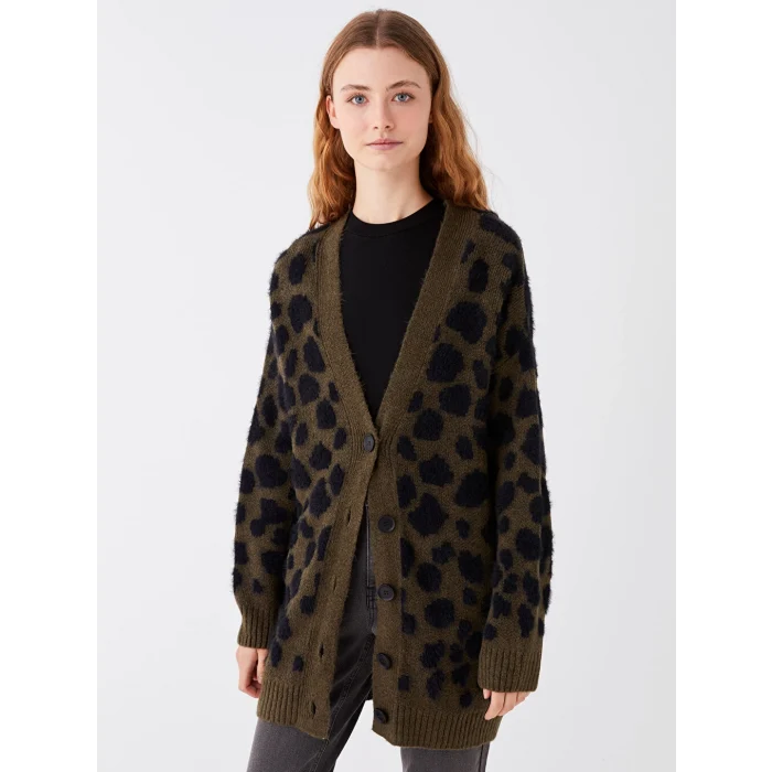 LCW Modest Haki V Yaka Desenli Kadın Triko Hırka