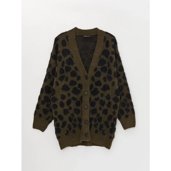 LCW Modest Haki V Yaka Desenli Kadın Triko Hırka