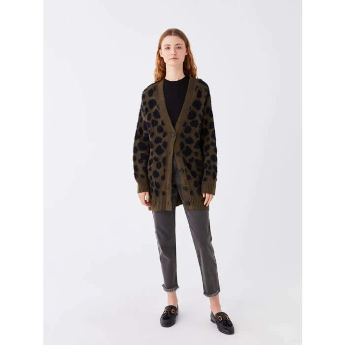 LCW Modest Haki V Yaka Desenli Kadın Triko Hırka