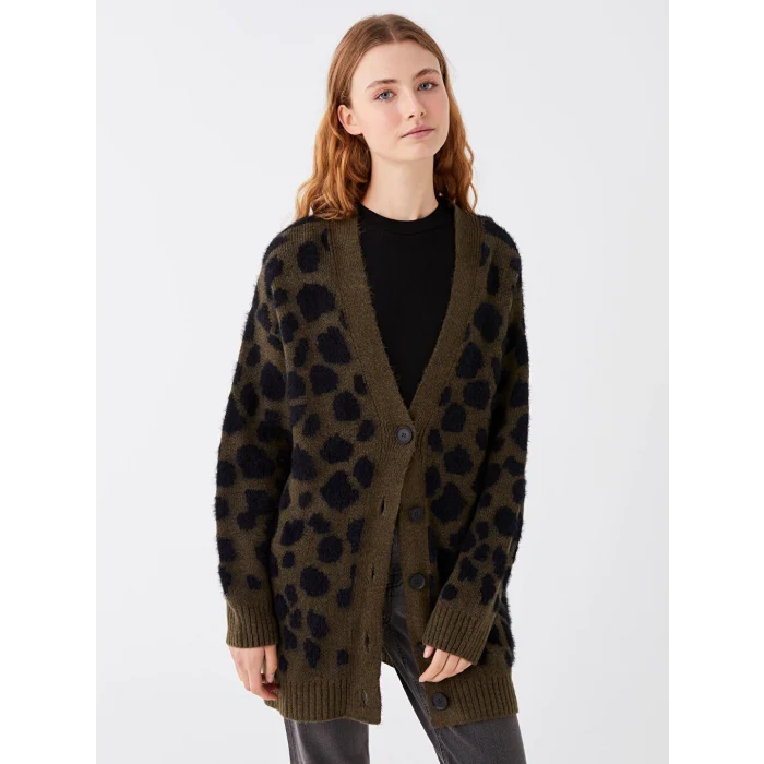 LCW Modest Haki V Yaka Desenli Kadın Triko Hırka