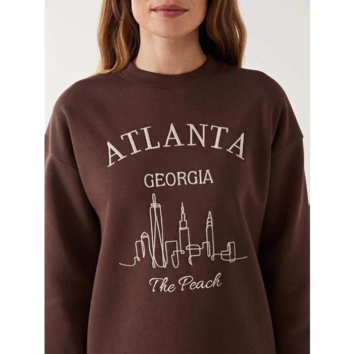 LCW Modest Kahverengi Bisiklet Yaka Baskılı Kadın Sweatshirt Tunik