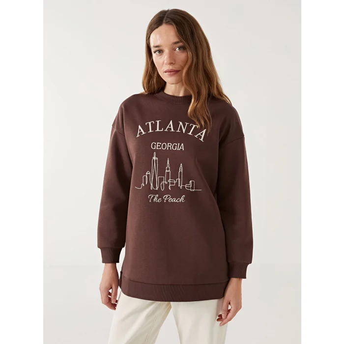 LCW Modest Kahverengi Bisiklet Yaka Baskılı Kadın Sweatshirt Tunik