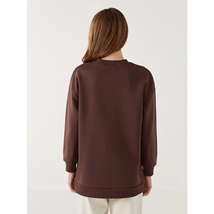 LCW Modest Kahverengi Bisiklet Yaka Baskılı Kadın Sweatshirt Tunik