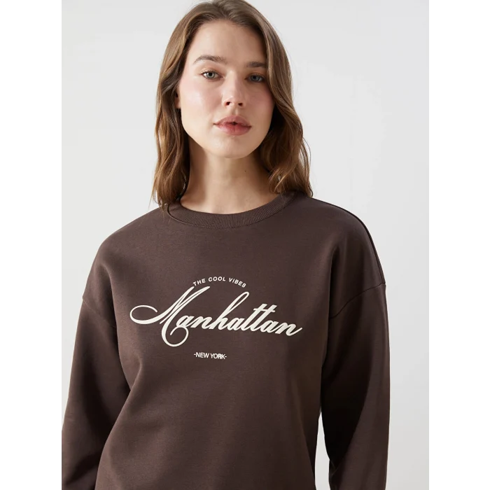 LCW Modest Kahverengi Bisiklet Yaka Baskılı Oversize Kadın Kalın Sweatshirt Tunik